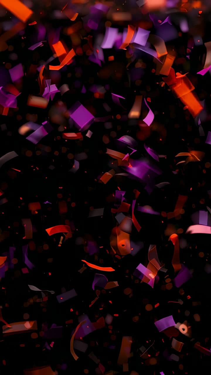 Vertical video: Starting animation digital confetti spiraling in void, shining purple red orange