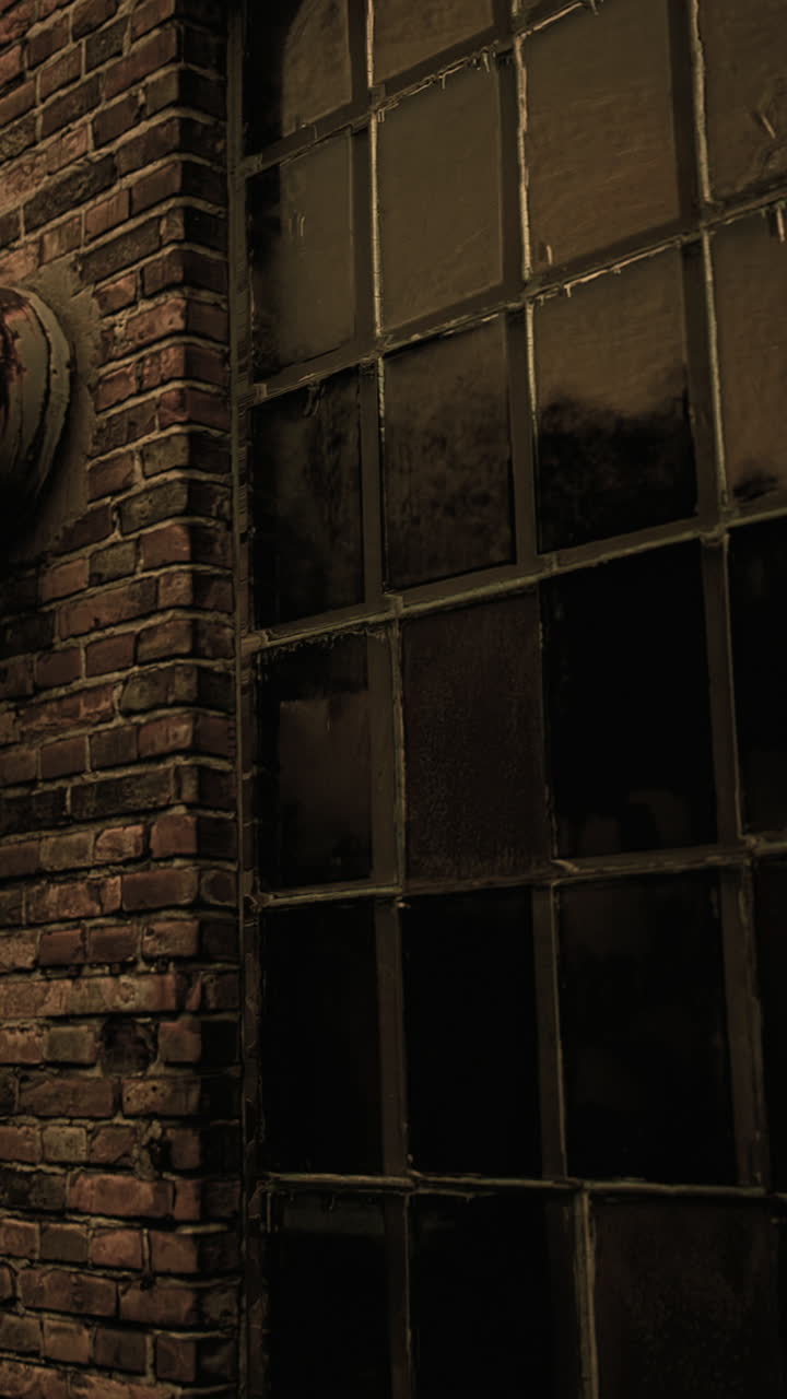Vecchio muro di mattoni con finestra di fabbrica visto di notte in un contesto urbano.
