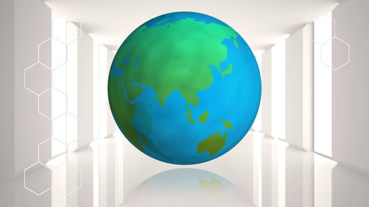animación de hexágonos sobre el globo y el fondo blanco de la oficina