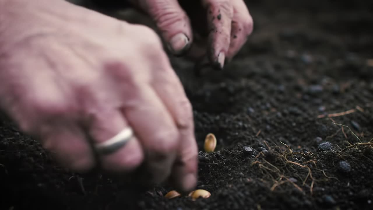 Planting Seeds: A Close-Up View of Hand Digging and Sowing Seeds into Rich Soil for a Bountiful Harvest in a Garden or Agricultural Setting