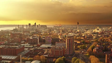 aerial view of liverpool city skyline and river mersey at sunset