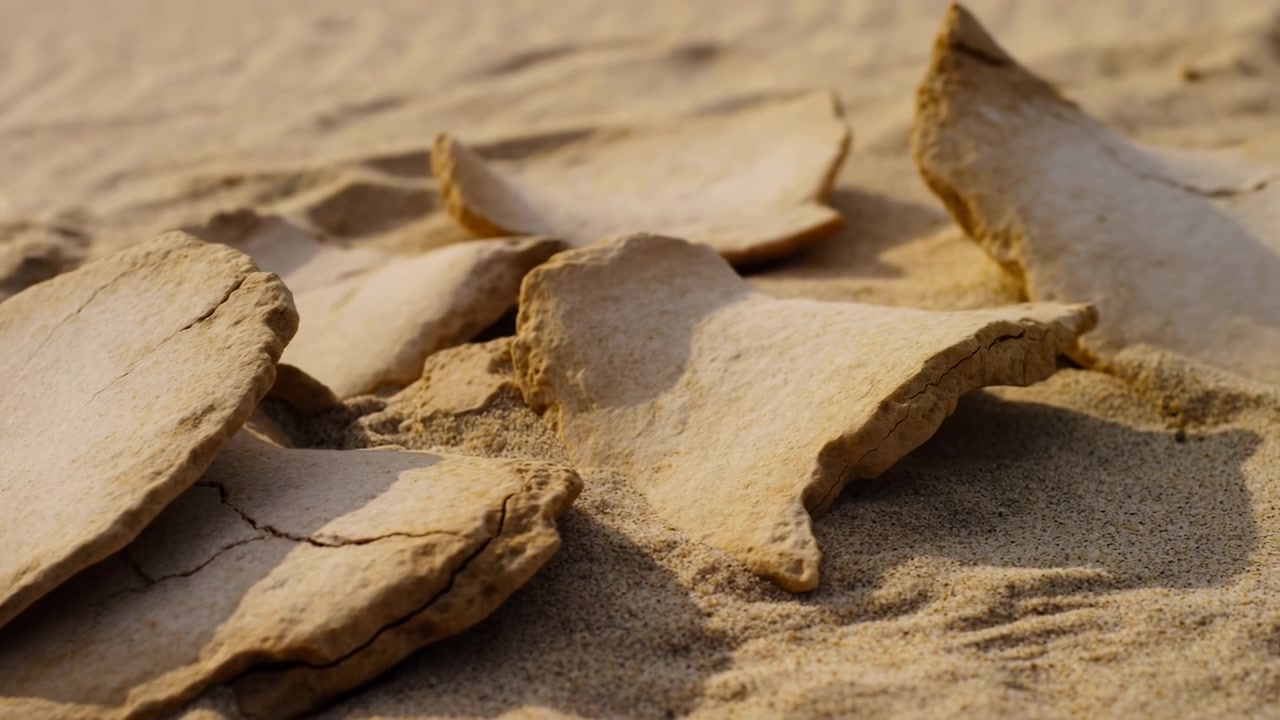 Scena ravvicinata a bassa angolazione di lastre di arenaria fessurate e sovrapposte su sabbia fine e increspata, illuminate da una calda luce solare laterale che enfatizza strati erosi, venature, texture e tonalità desertiche, con arenaria e roccia.