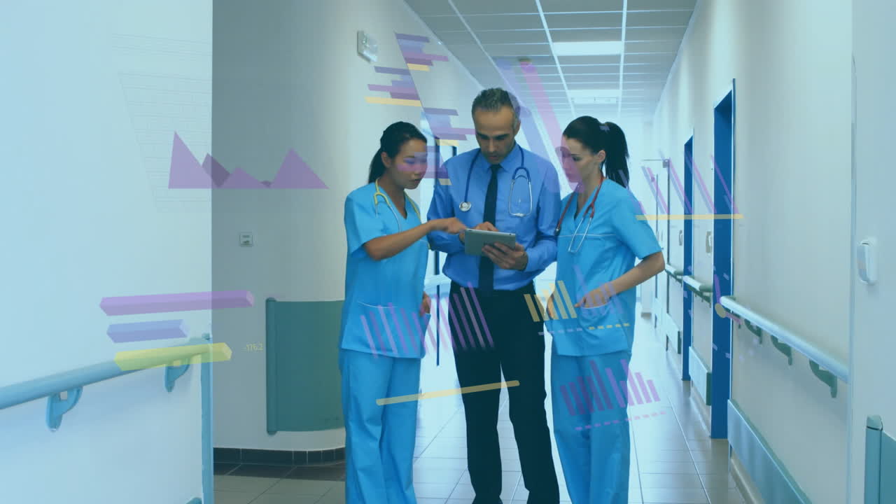 Animation of financial data processing over diverse doctors discussing work in hospital