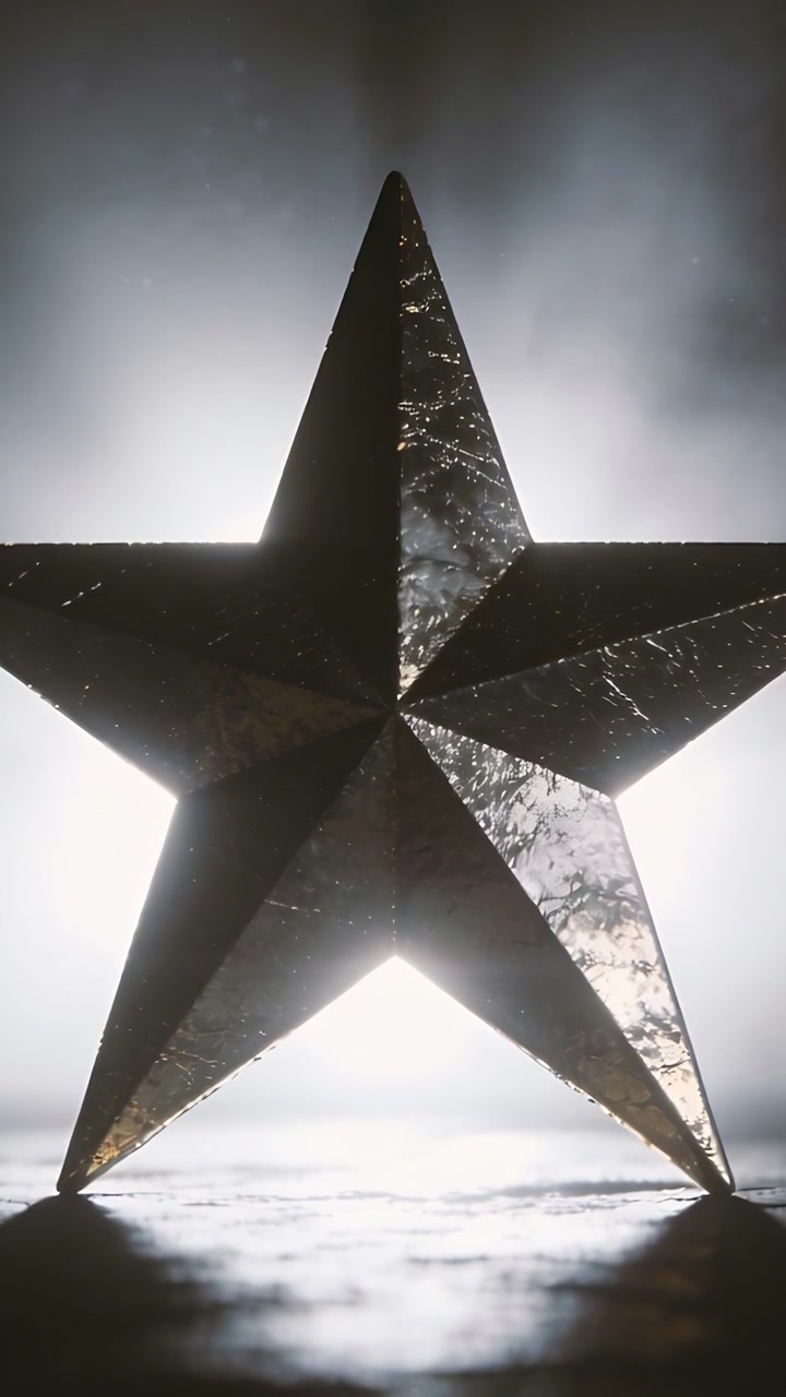 Vertical video: Brightening backlight revealing scratches on metal star on shiny studio floor, haze