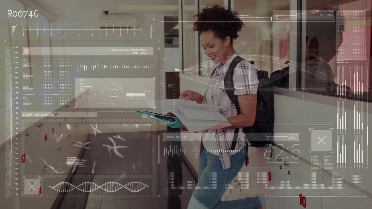 HUD charts updating, causing student leaning on railing, flipping binder, glancing up for learning