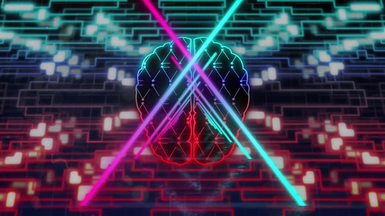 Animation of digital brain, neon trails, data processing over computer circuit board