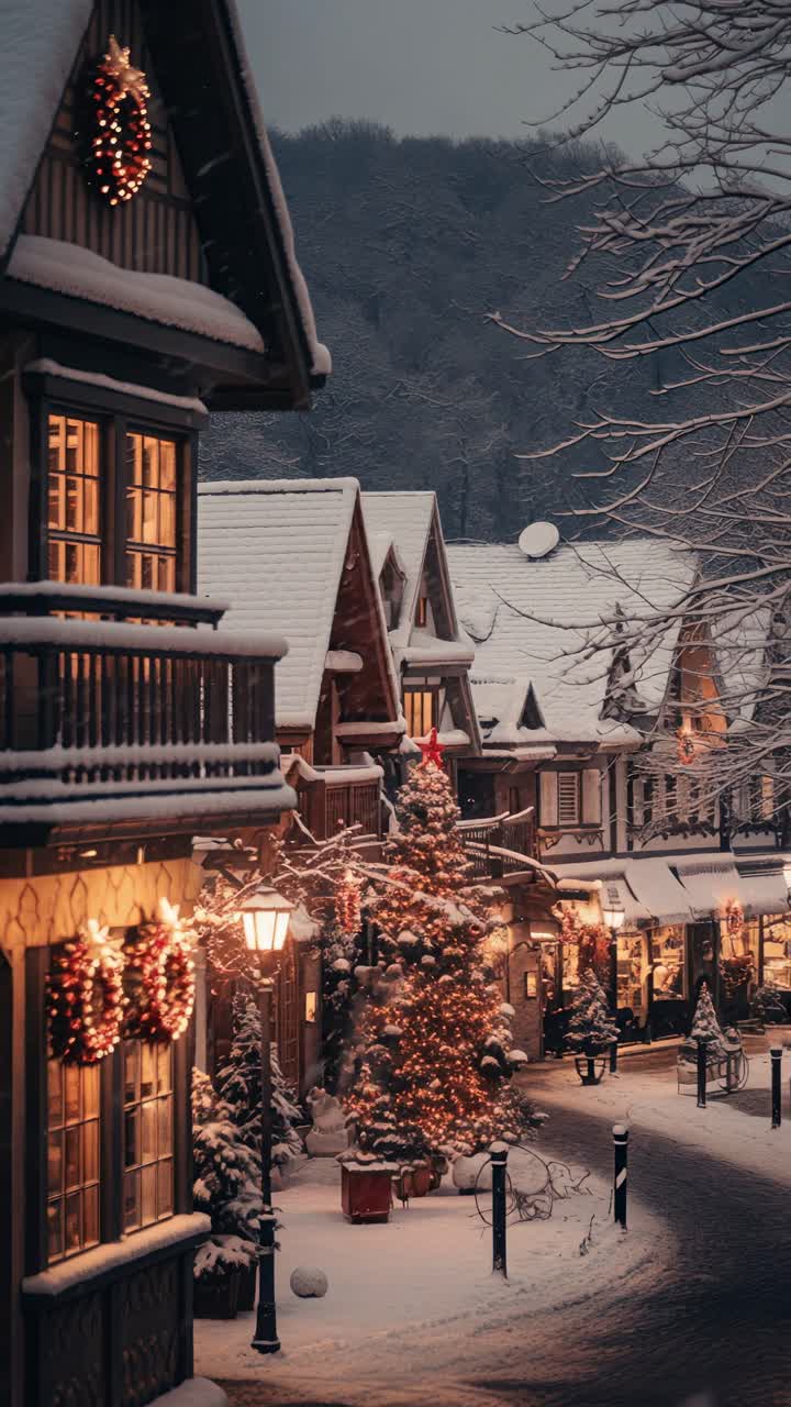 Charming winter village scene, street-level angle, cozy holiday vibe, perfect for video