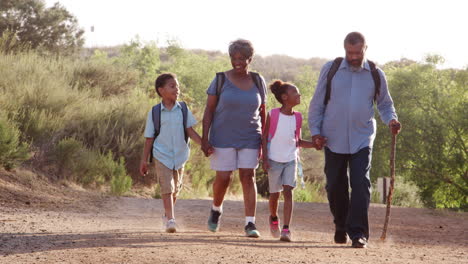 grandparents with grandchildren wearing backpacks hiking in countryside together