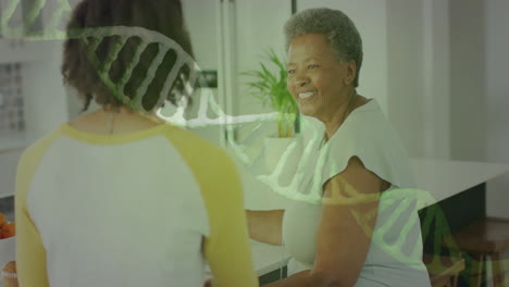 animation of dna strand over senior african american woman with her adult daughter