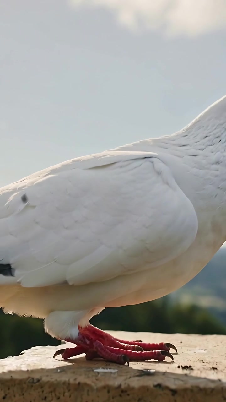 Video verticale: Avvicinamento al bordo sinistro, un piccione bianco si posa su una sporgenza di pietra sul tetto, osservando il panorama.