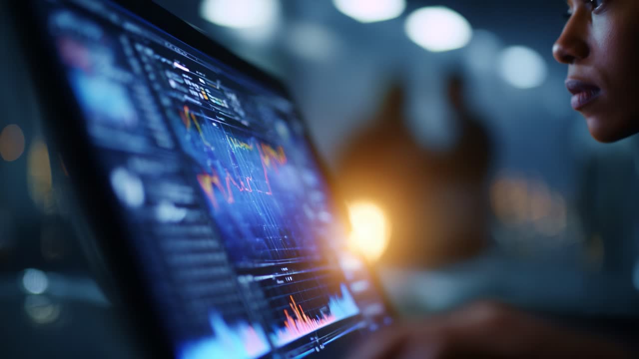 Analyzing Data Trends: A Focused Individual Engaged with Advanced Graphical Analytics on a Laptop in a Dimly Lit Environment Reflecting Modern Technology