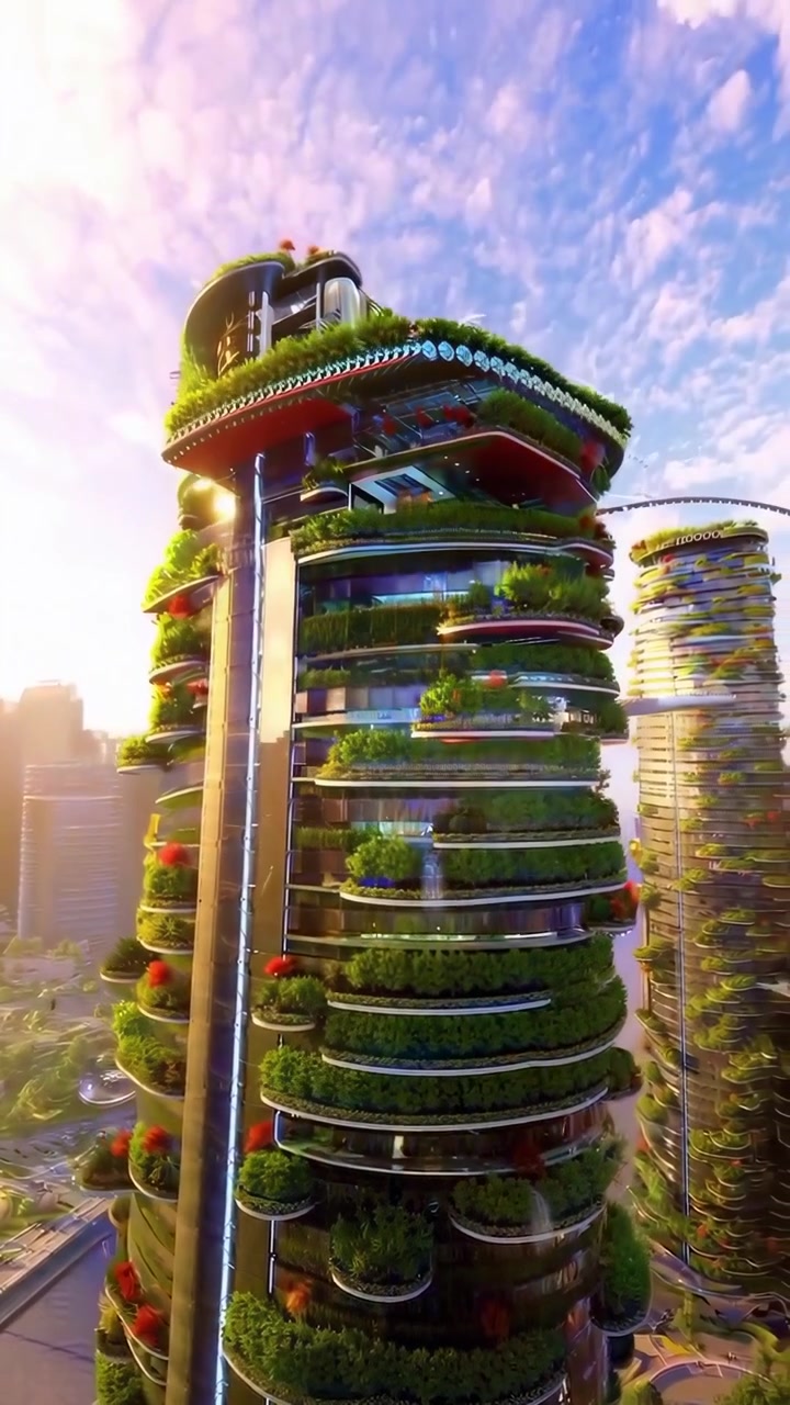 Arranha-céu futurista e ecológico com jardins verticais em cidade moderna