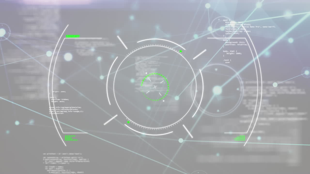 추상적인 배경에 대한 컴퓨터 언어를 통해 원과 연결된 점의 애니메이션