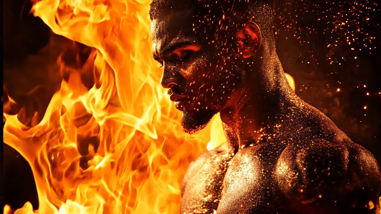 A man with a beard and a black shirt is standing in front of a wall with smoke