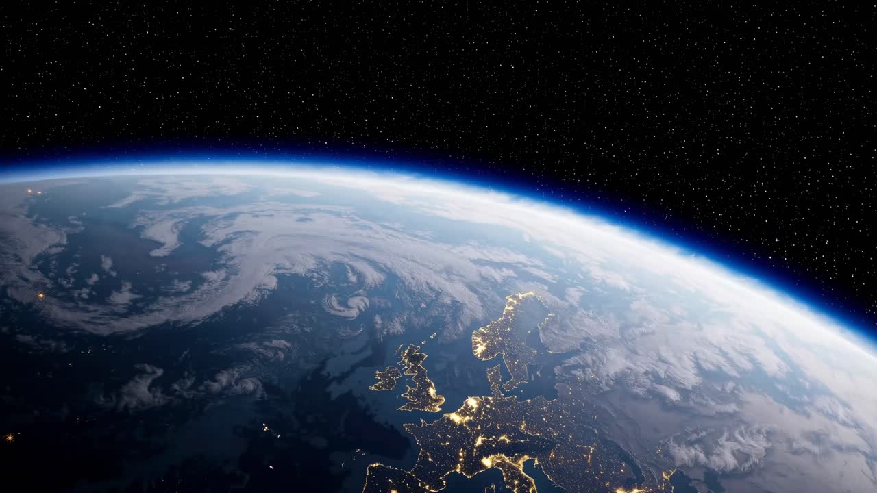 A video still of Earth from space, showcasing a low-angle view of the planet's curve