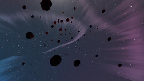 massive asteroids drifting silently through vibrant cosmic nebulae, revealing expansive interstellar landscapes with dramatic stellar movements