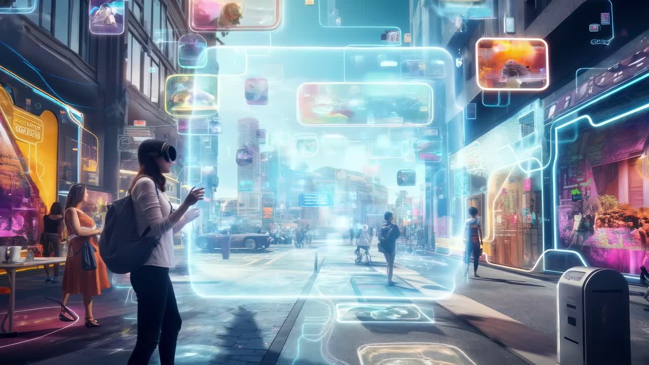 Futuristic cityscape with a low-angle view of a person in VR, surrounded by floating digital screens