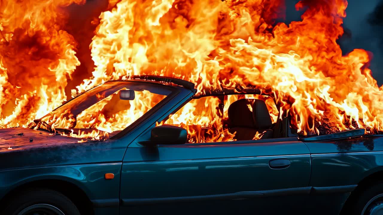 한 차가 도로 에서 불꽃에 싸여 있다