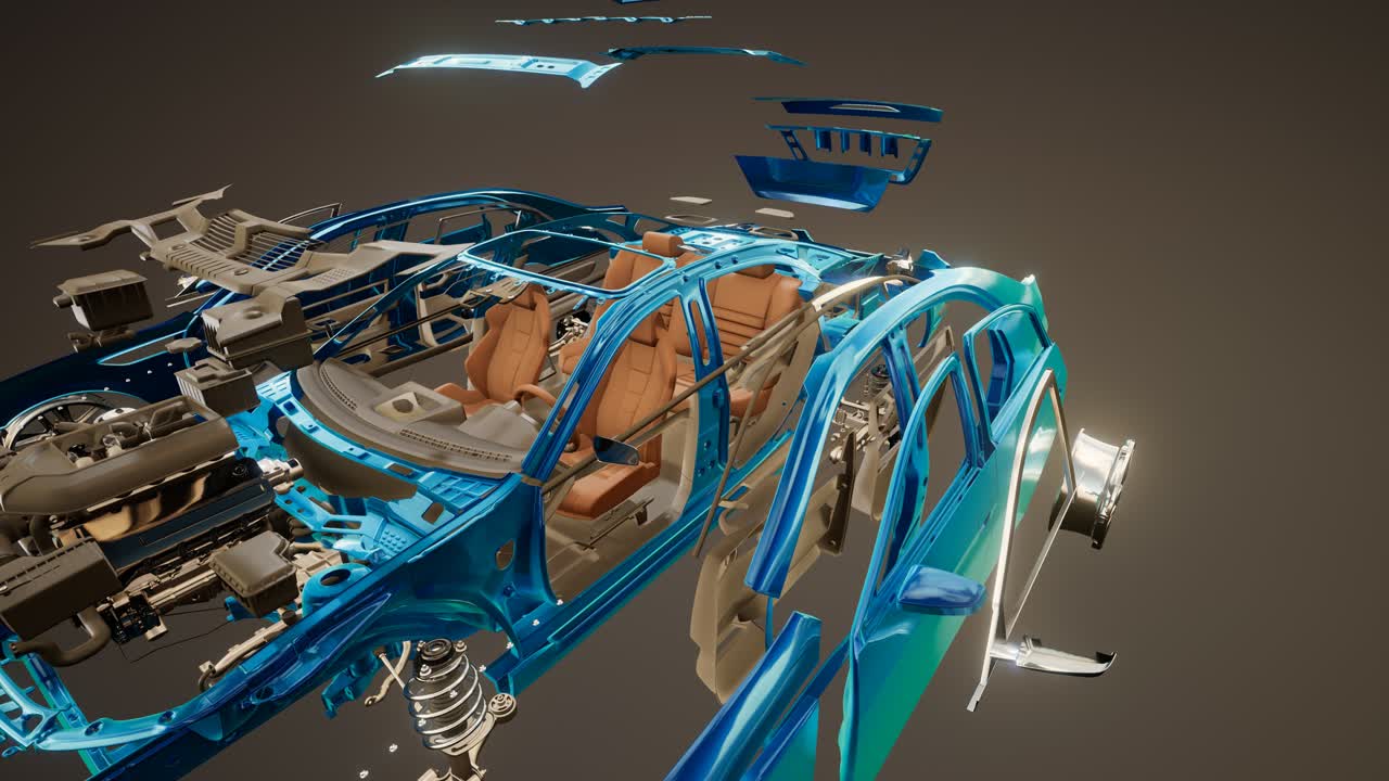 coche desmontado con partes visibles