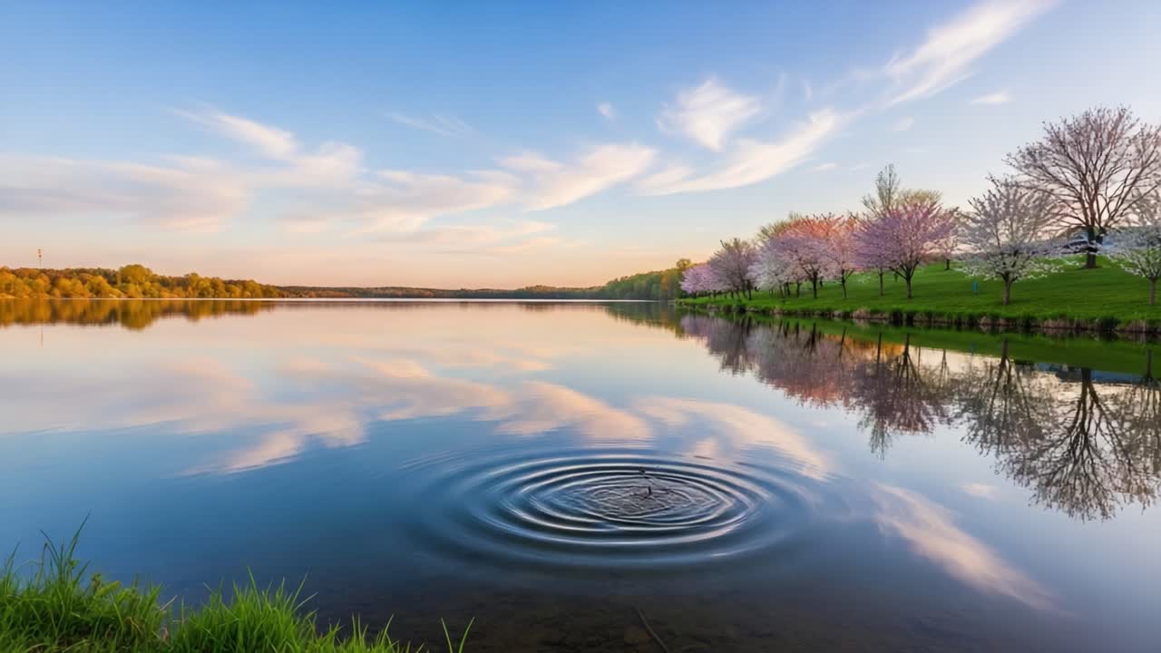 A Serene Evening by the Lake: Reflection of Trees and Sky with Gentle Ripples - Tranquil Nature Scene Captured in Stunning Detail