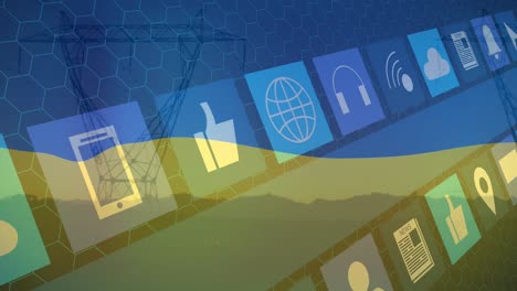 Animation-Von-Mediensymbolen-über-Der-Flagge-Der-Ukraine-Und-Dem-Strommast