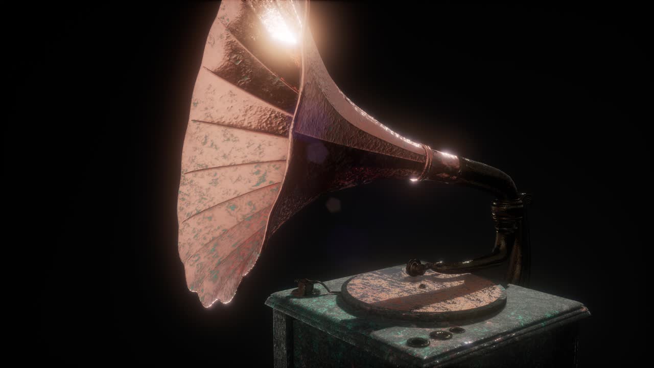 레트로 테크놀로지로 어두운 곳에서 빈티지 그라모폰을 연주합니다.