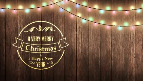 a very merry christmas and a happy new year animated title with garland lights animation on a wooden background