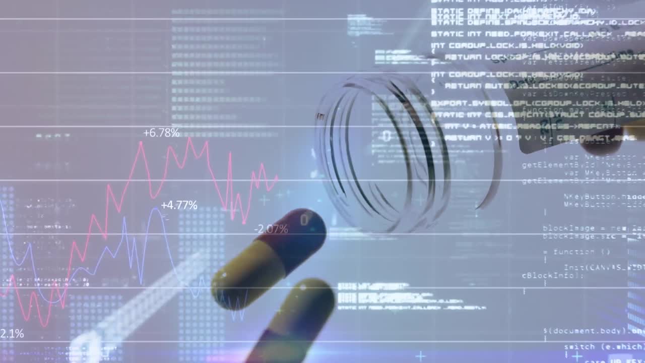 Animation of data processing and floating diagrams over box of pills falling on light background