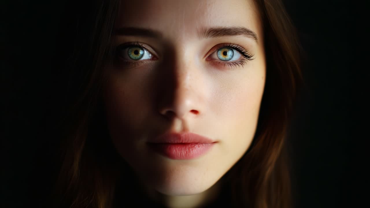 An Intimate Portrait of a Beautiful Woman with Mesmerizing Green Eyes and Natural Expression Captured in a Softly Lit Studio Setting