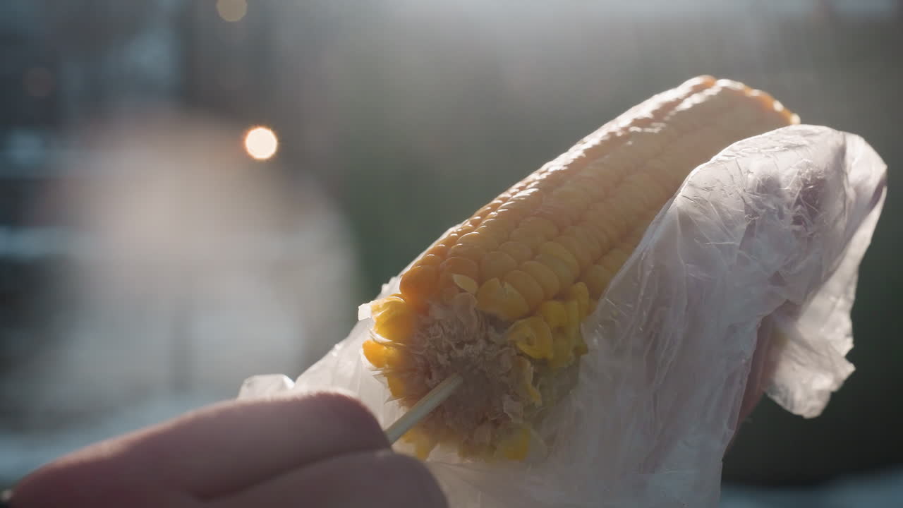 cerca de maíz parcialmente comido siendo girado ligeramente a mano con el vapor creciente, iluminación suave creando fondo de luz bokeh, centrarse en los granos de maíz envueltos en prueba de agua blanca