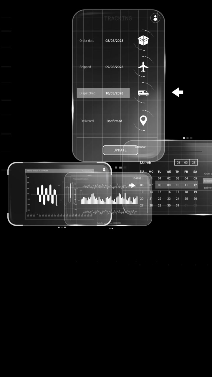 Animation of data processing on screens over black background