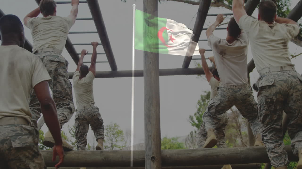 Navigating monkey bars, military personnel in camouflage with Algerian flag visible