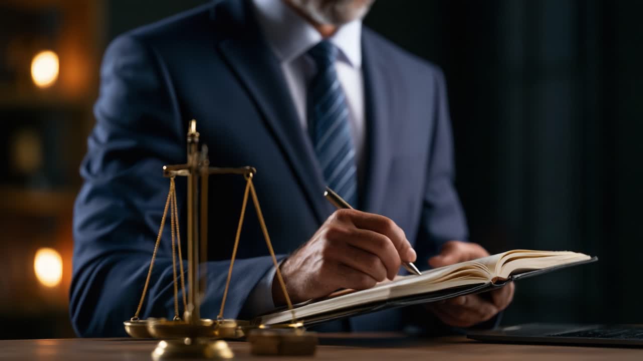 Una figura legale in abito professionale impegnata nella revisione di documenti con le simboliche bilance della giustizia sullo sfondo.