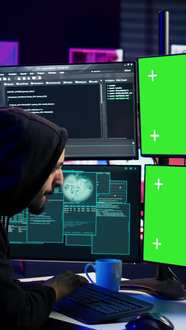 Hacker di video verticali che sviluppa software spyware su un computer con schermo verde per rubare dati