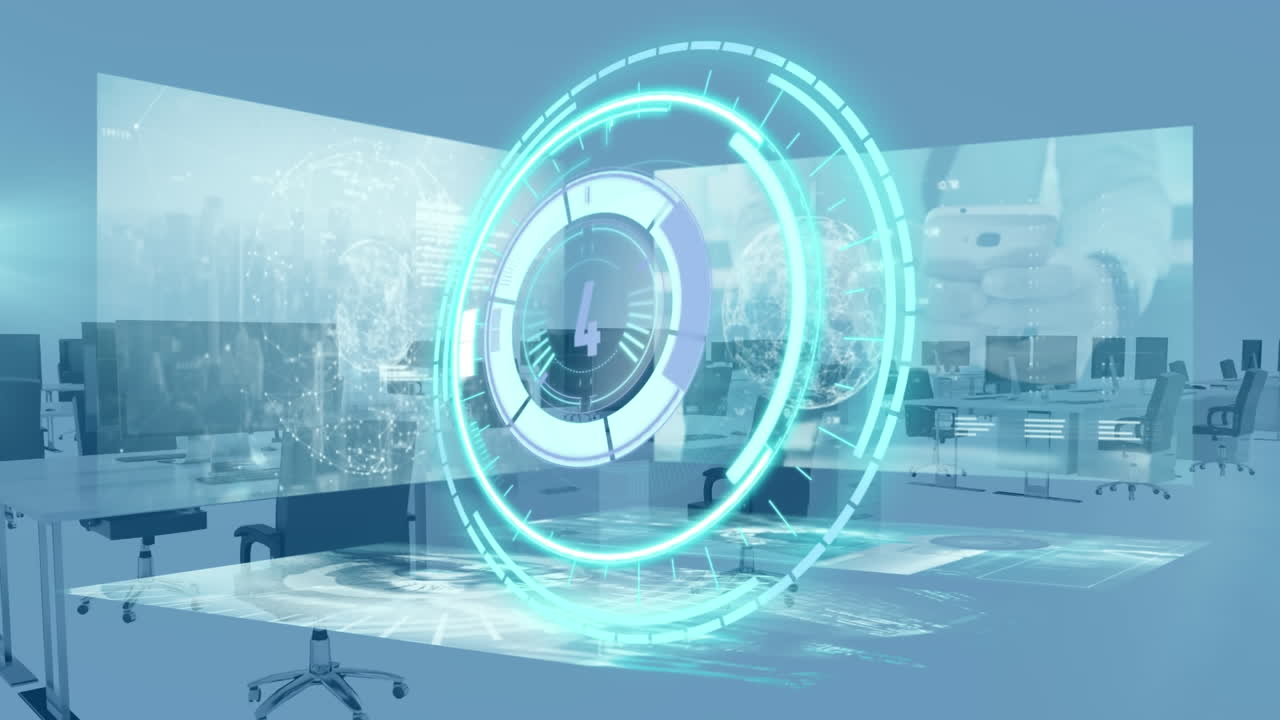 빈 사무실에서 카운트다운과 데이터 처리와 함께 범위 스캐닝의 애니메이션