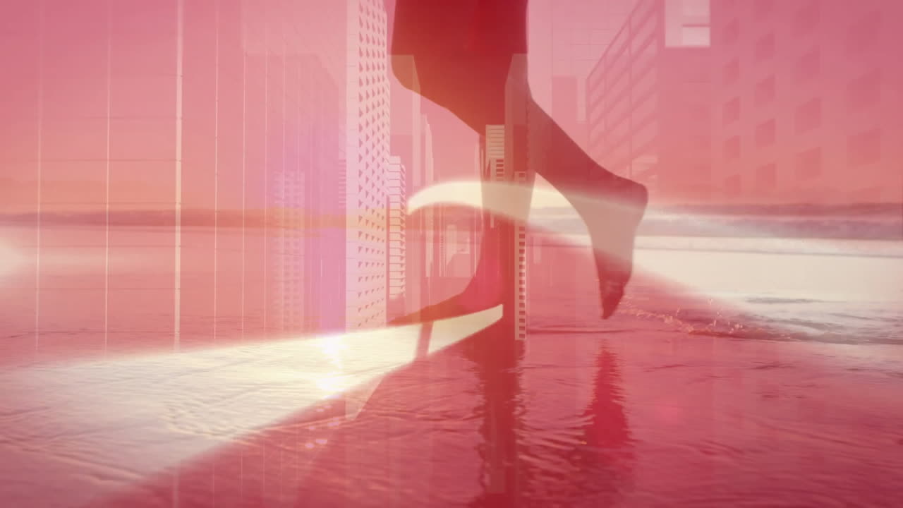 Walking on beach, silhouette of person with abstract pink light animation overlay