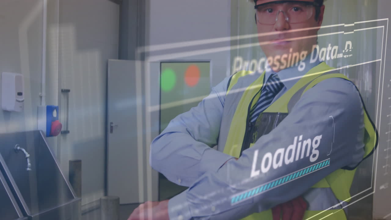 공장에서 안전 조끼를 입은 노동자에 대한 데이터 처리 및 로딩 애니메이션