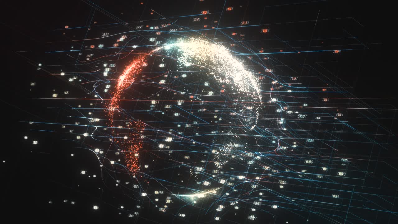 tecnología de la tierra 3d, negocio y bucle de fondo de comunicaciones. animación del globo terrestre girando con partículas de plexo alrededor.