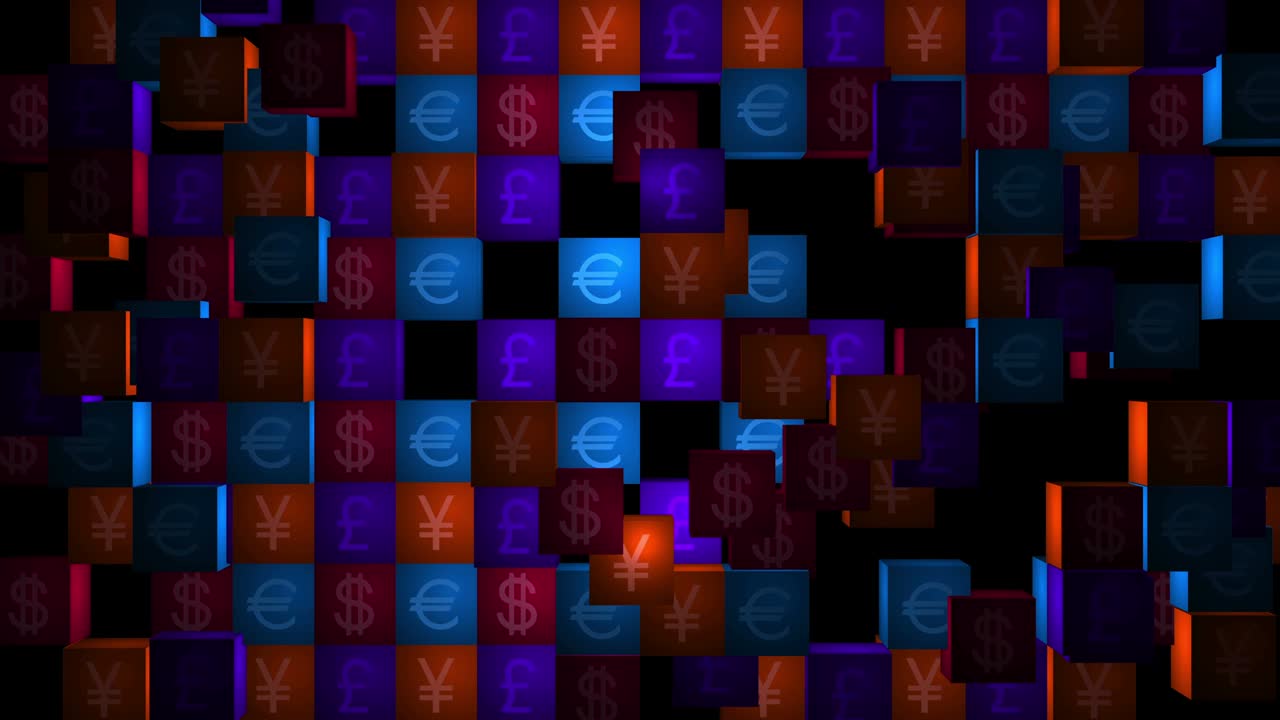 Currencies. Dollar, euro, yen, pound symbols. Castling of cells with currencies.