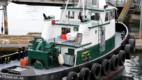 powerfull tugboat, registered in ketchikan, docked in sitka sound cruise terminal, alaska, united states of america.
