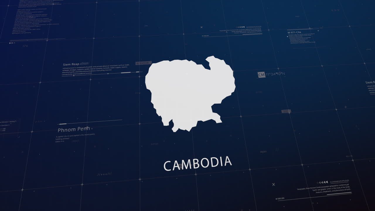 Cambodia country map comes to life with cinematic panning, unveiling key details, the capital, and slogan, providing an engaging background for corporate and commercial use
