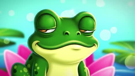 a playful green frog smiling joyfully on a bright colorful background surrounded by vibrant water lilies and soft bokeh effects