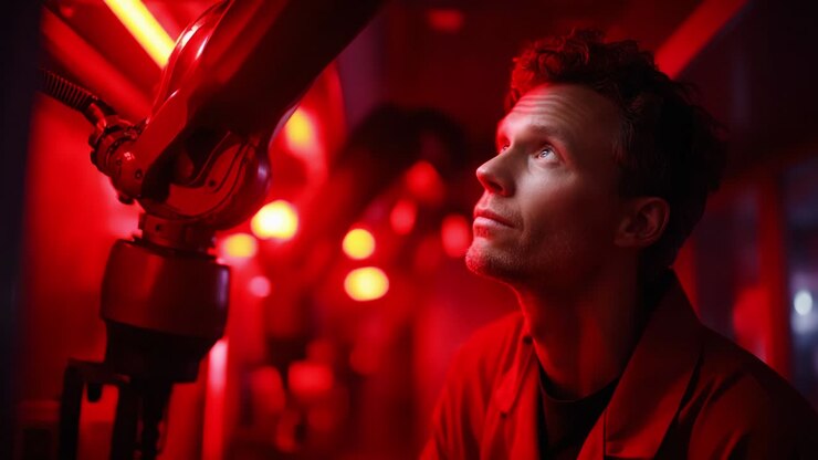 Un ingegnere pensieroso osserva robot avanzati sotto luci rosse, ripresi in un ambiente high-tech, a dimostrazione dell'interazione uomo-robot e del viaggio verso le innovazioni future nell'automazione