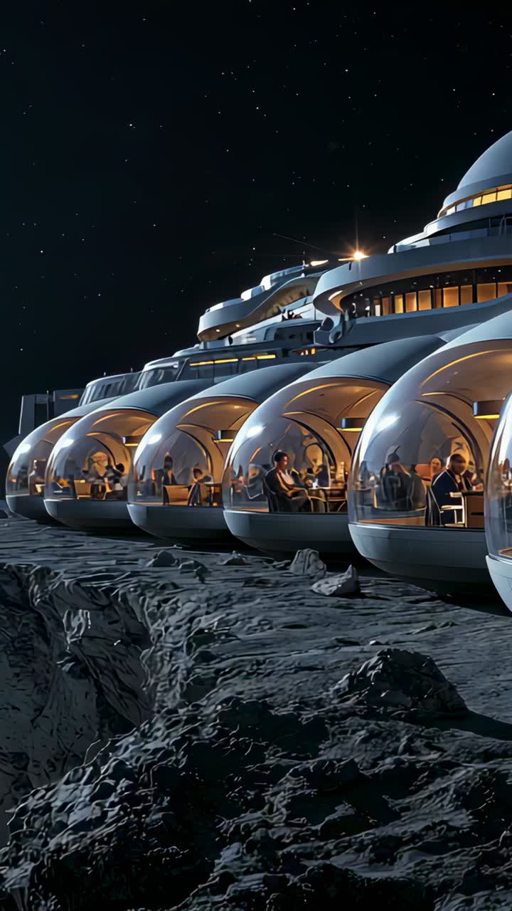 Vertical video: Panning row of glass dining pods revealing diners in jackets chatting on lunar rim
