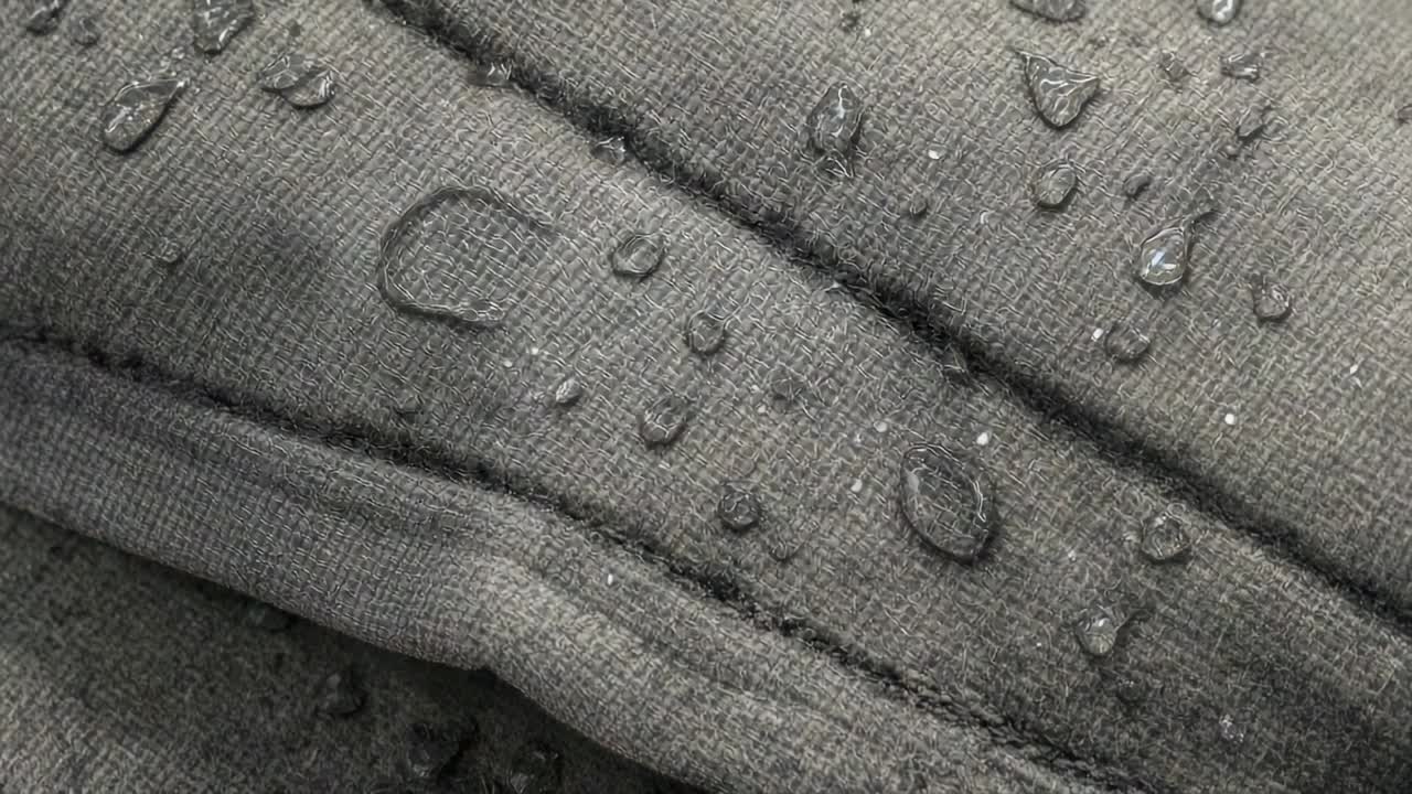 Visualizzazione macro di un tessuto trapuntato grigio con avanzamento dei fotogrammi, gocce d'acqua che si uniscono, evidenziando l'idrorepellenza