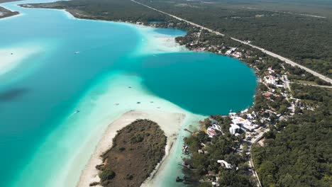 Aerial-view-of-Bacalar-Lagoon,-Bacalar,-Quintana-Roo,-Mexico