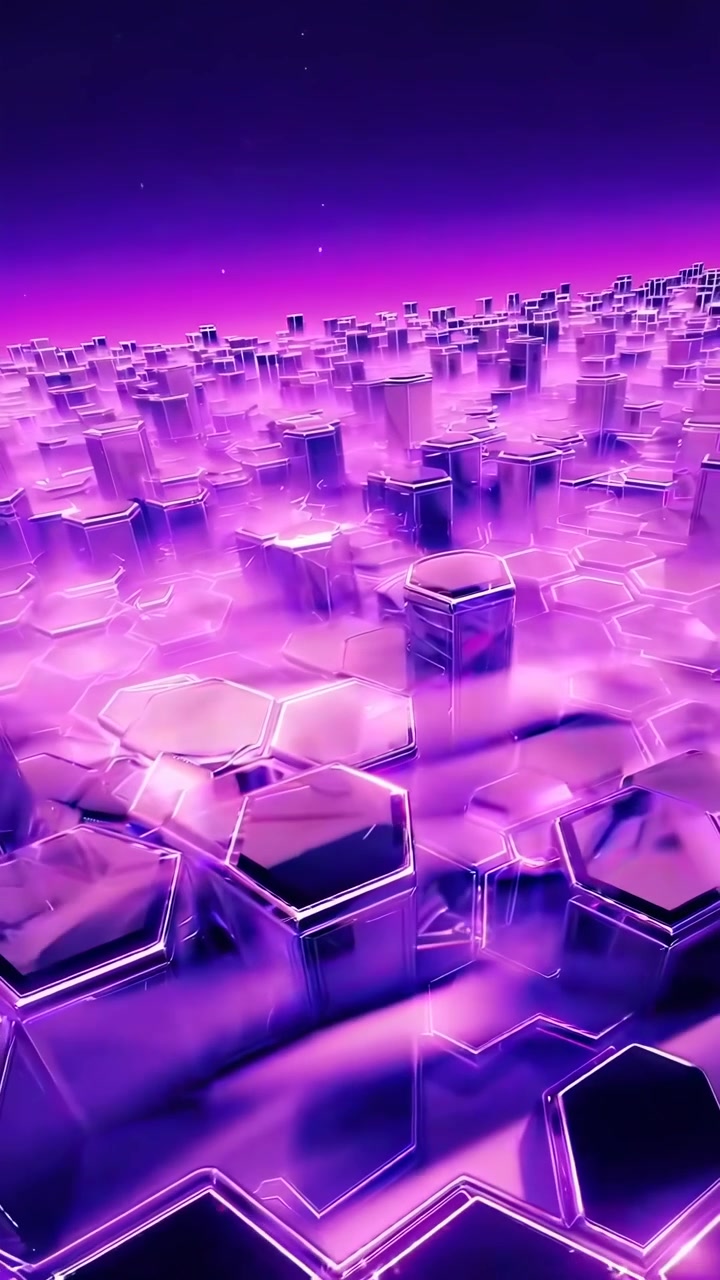 Abstract 3D Animation of Glowing Purple Hexagonal Pillars