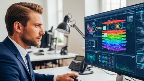 focused professional analyzing data visualizations on a state-of-the-art monitor to uncover insights in a modern office environment