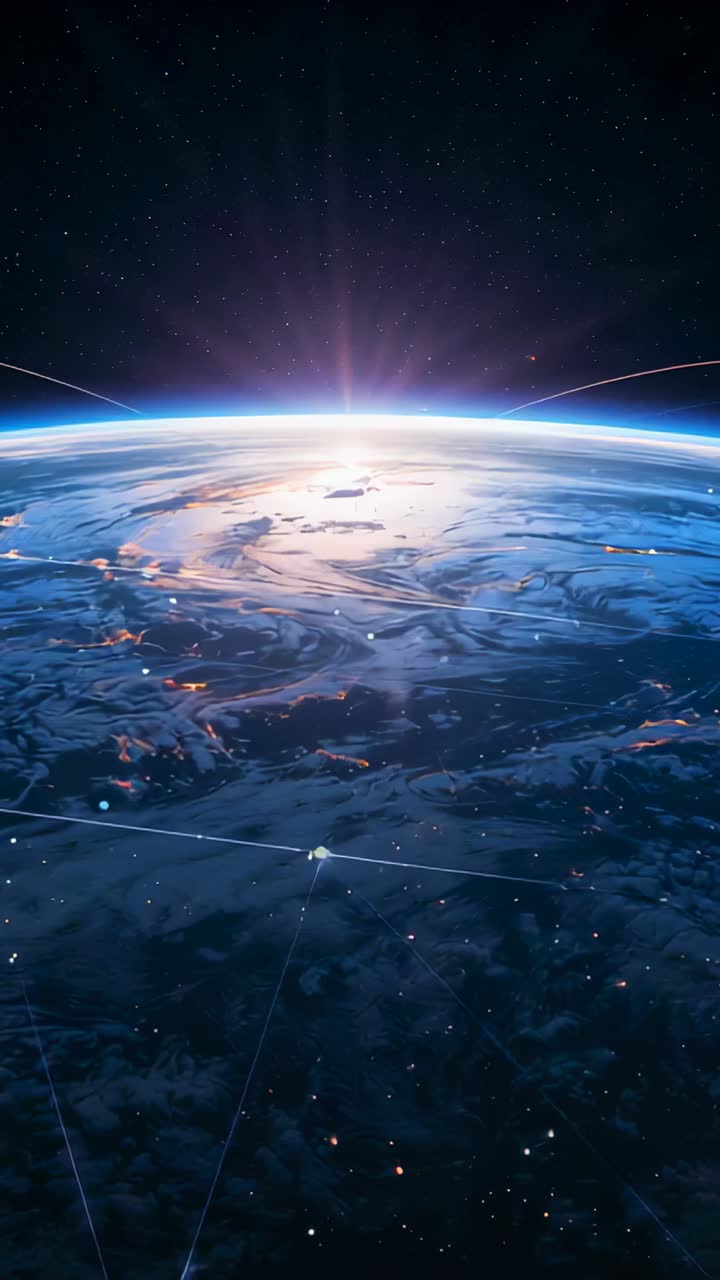 Vertical video: Revealing planet limb from orbit, rising sun glinting over sea, grid lines shifting