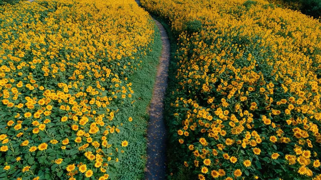 Un sentiero sereno attraverso vivaci fiori gialli, che invita all'esplorazione e a una connessione con la natura in mezzo alla lussureggiante vegetazione del paesaggio suggestivo.